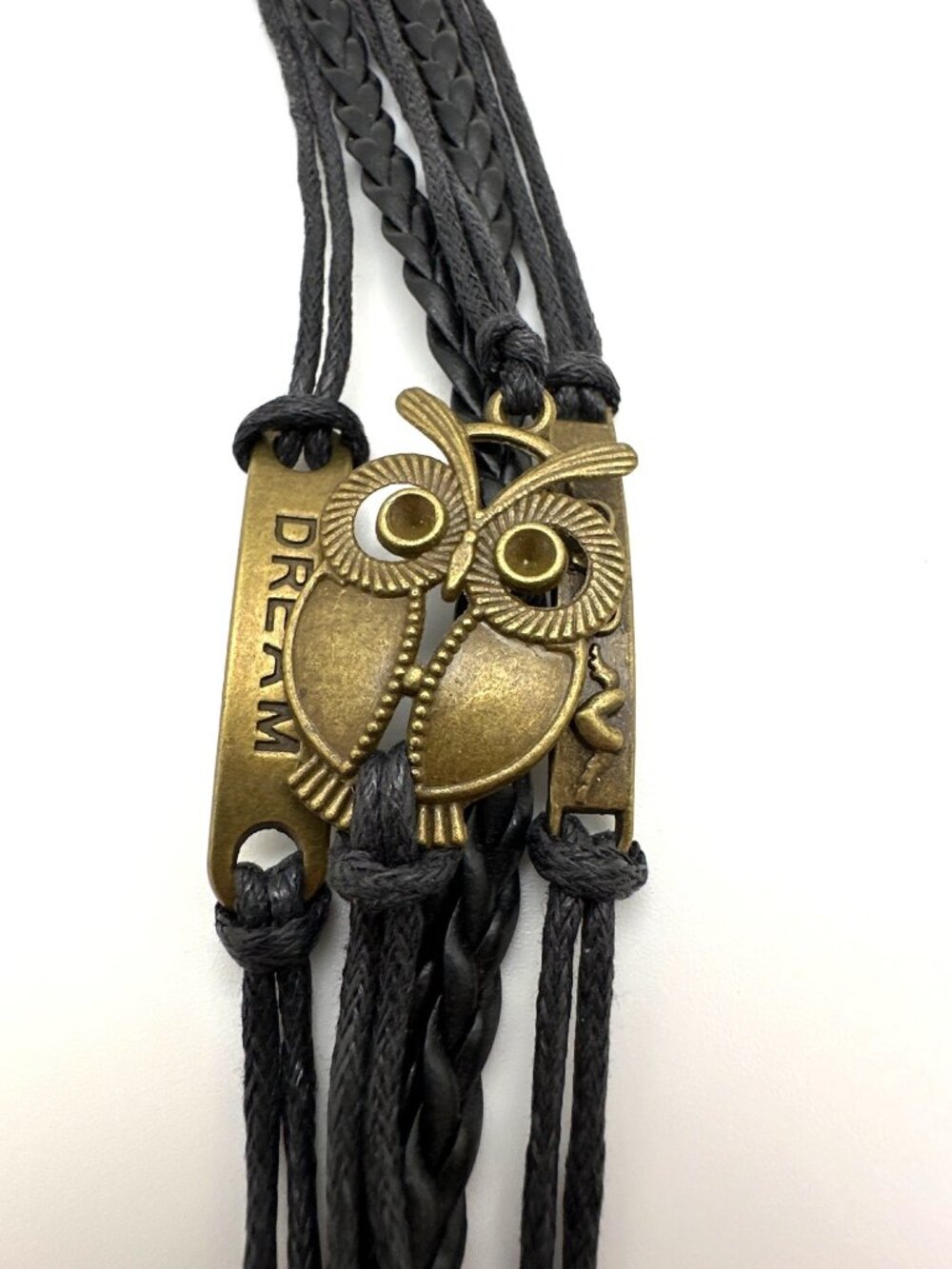 Vintage Owl Charm Black Wrap Bracelet Braided Band